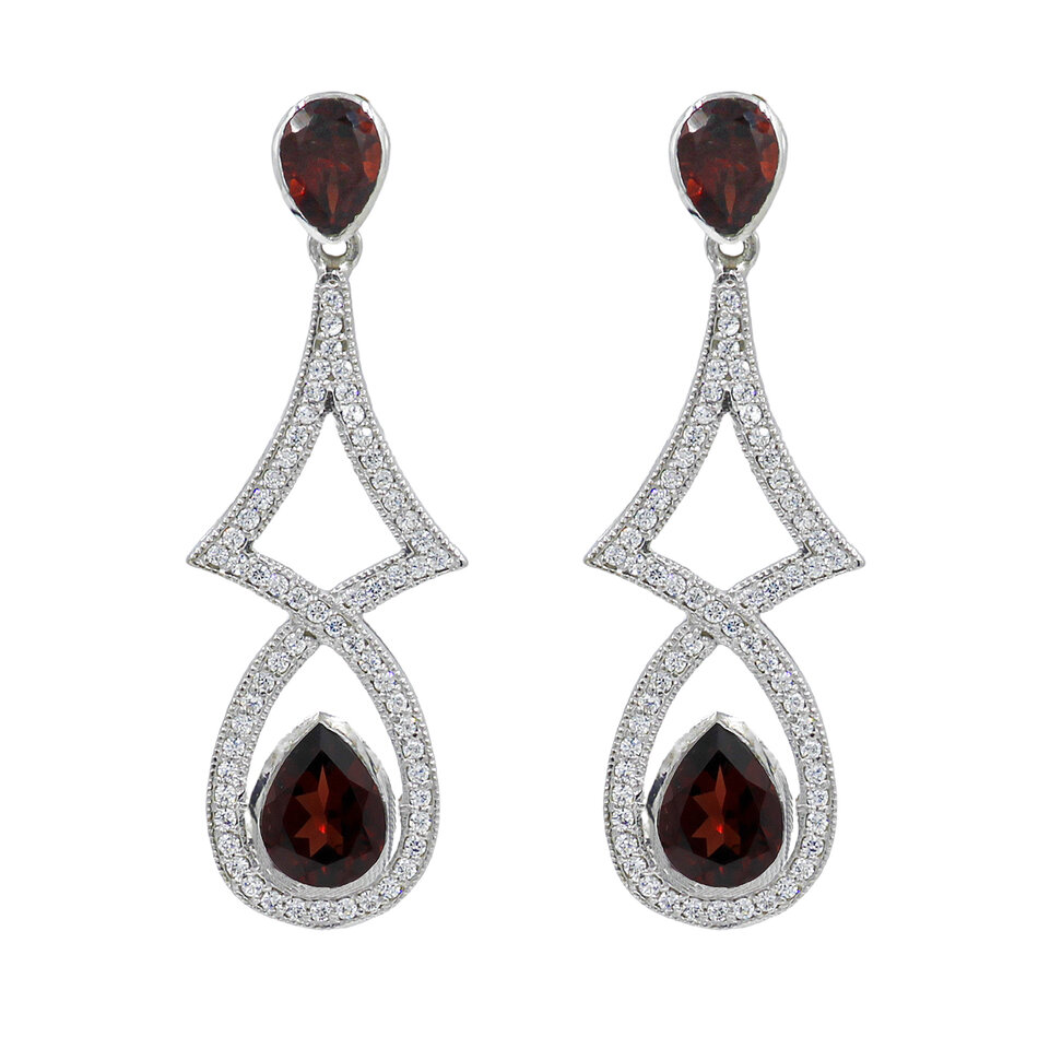 Silver drop earrings with garnet gemstones.