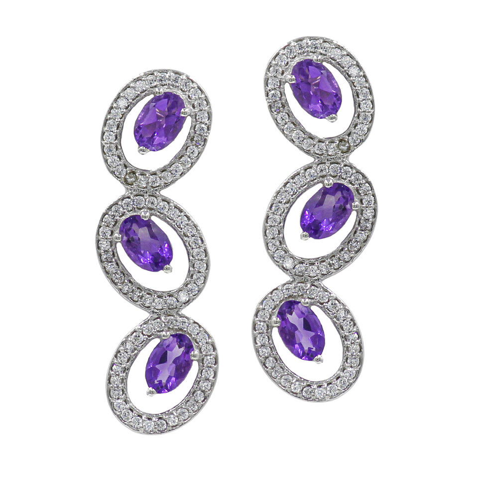Silver oval drop earrings with amethyst gemstones.