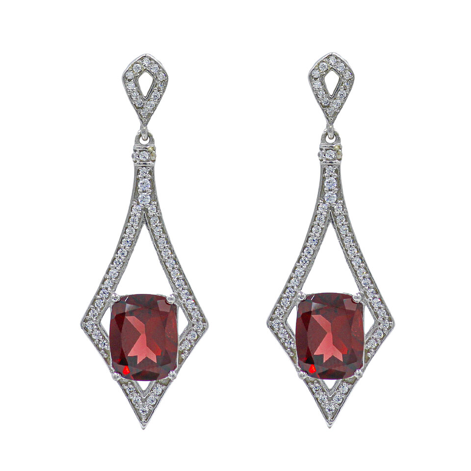 Silver drop earrings with garnet gemstones.