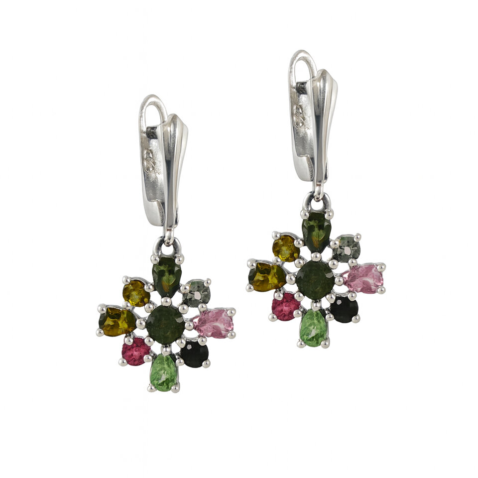 Silver floral earrings with multicolor tourmaline gemstones.