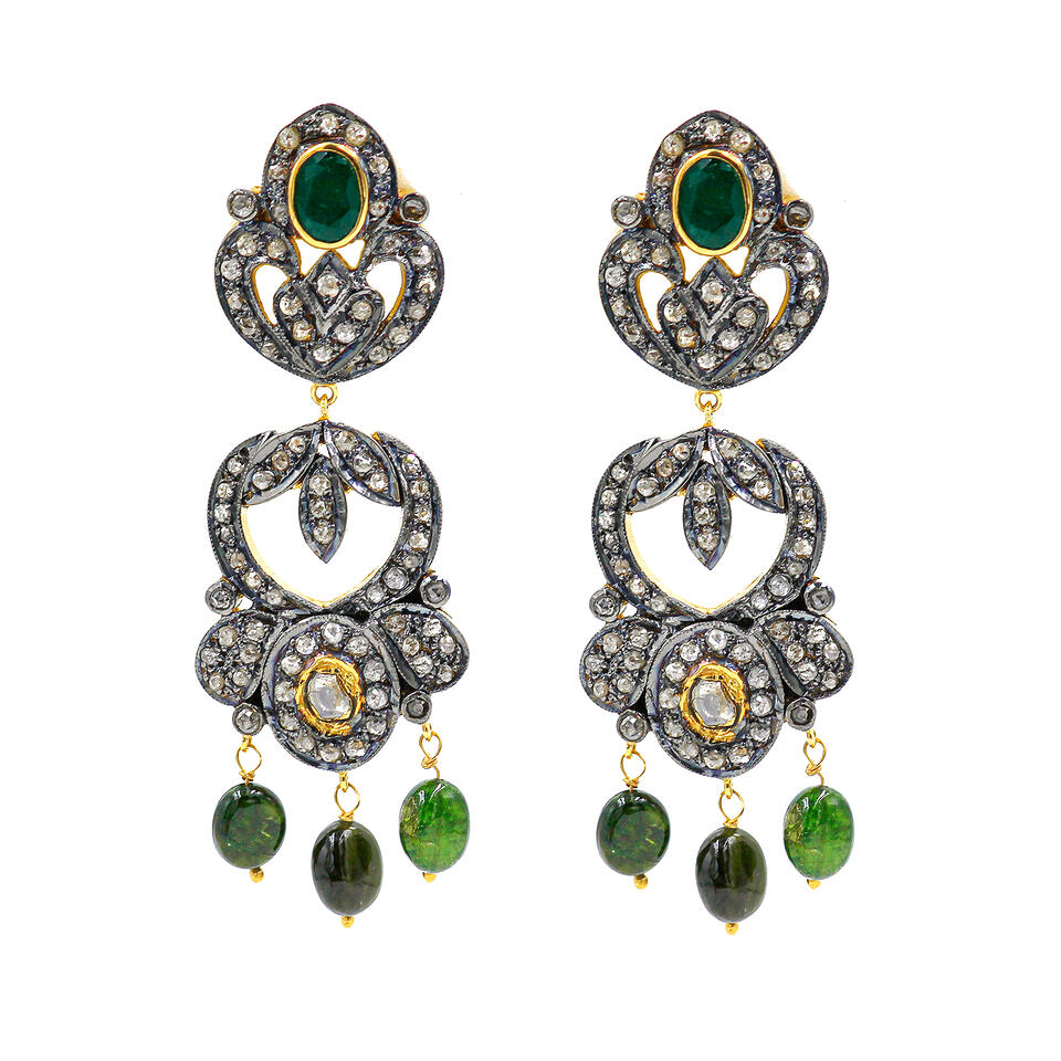 Gold and silver dangle earrings with green tourmaline.