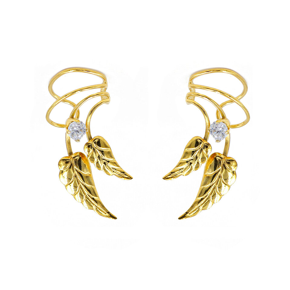 Gold wing-shaped earrings with white stone.
