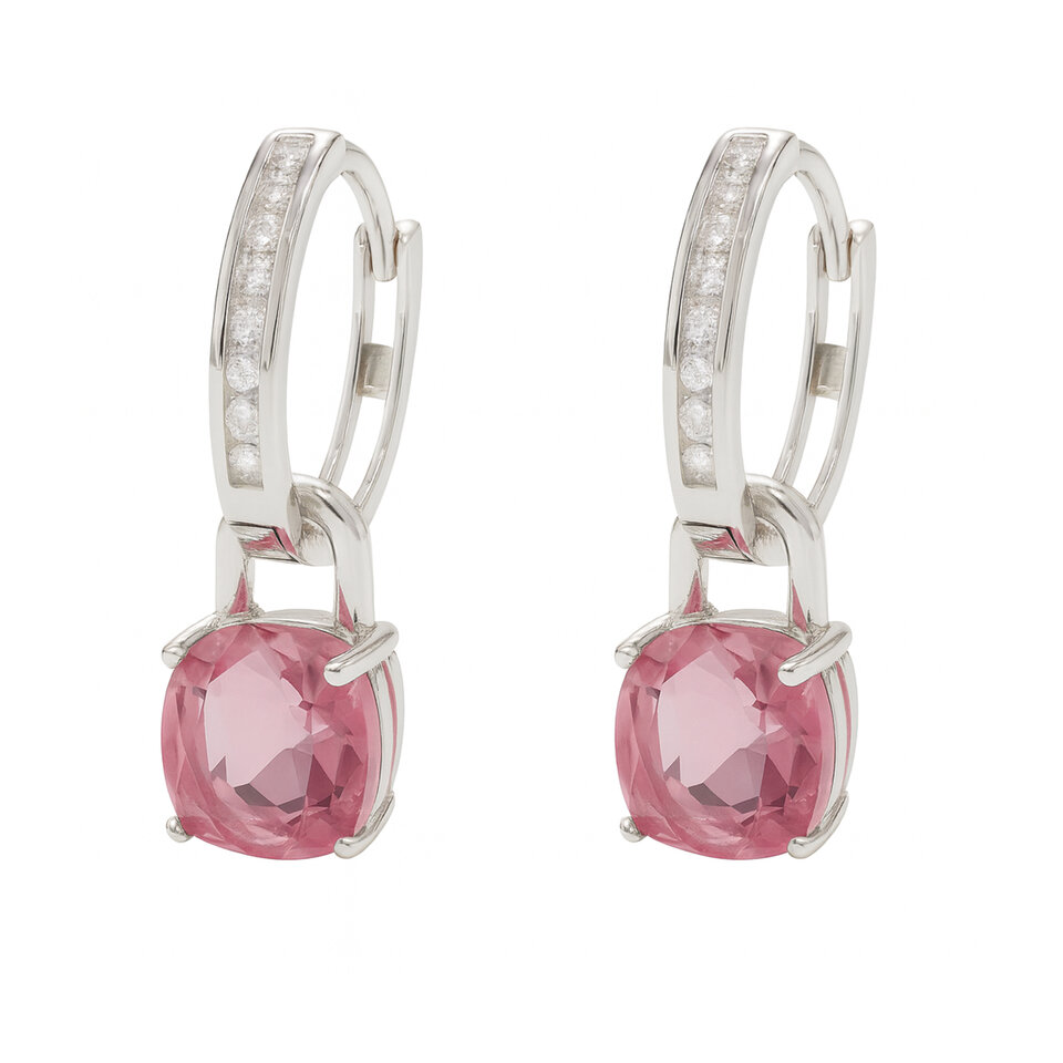 Silver hoop earrings with pink gemstones.