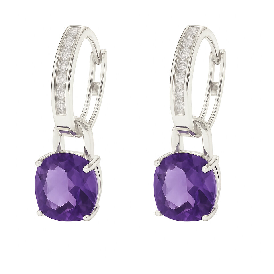 Silver hoop earrings with amethyst gemstones.