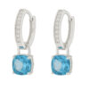 Silver hoop earrings with blue topaz gemstones.