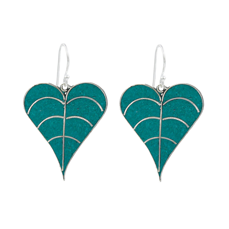 Turquoise heart leaf earrings in silver.