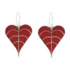 Red heart leaf earrings in silver.