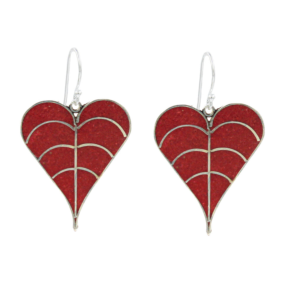 Red heart leaf earrings in silver.