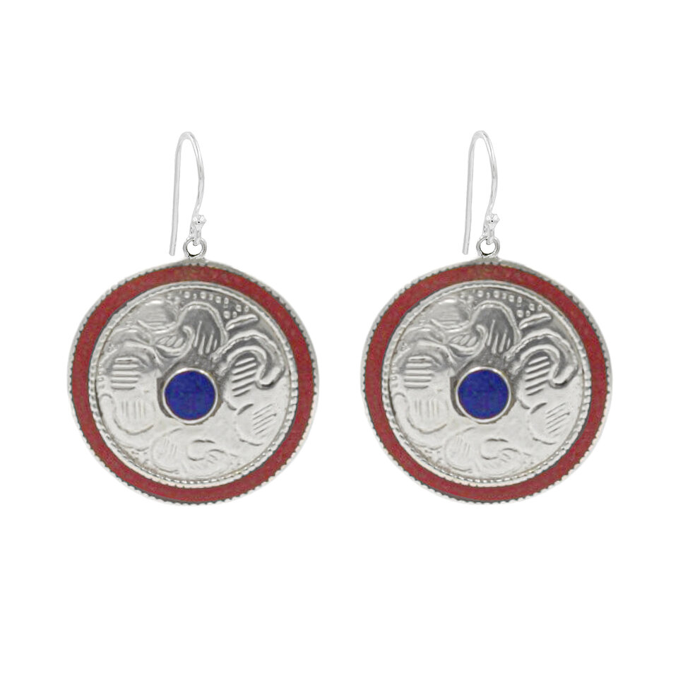 Round Tibetan earrings with red border and blue gemstone center.