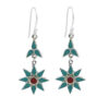 Turquoise star-shaped dangle earrings with red center and silver frame.