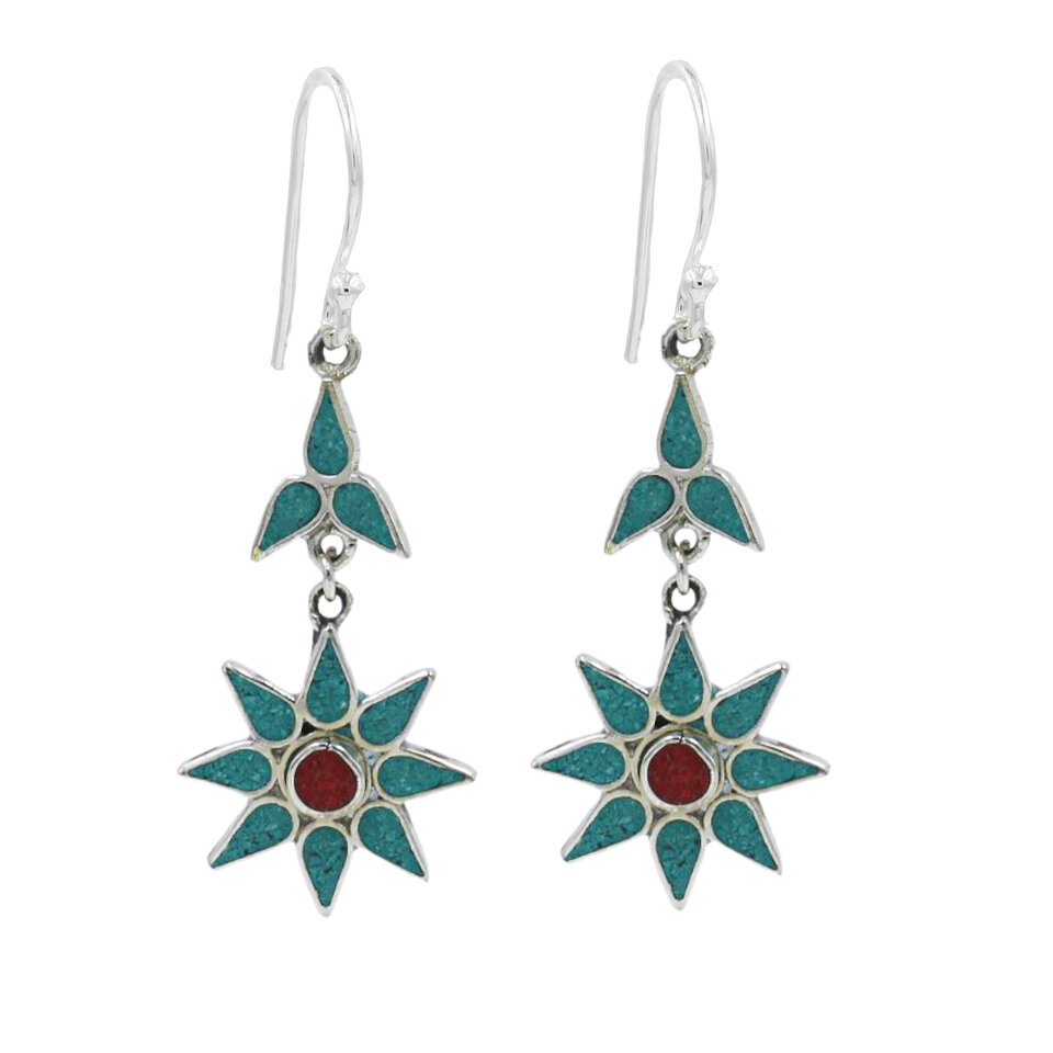 Turquoise star-shaped dangle earrings with red center and silver frame.