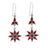 Red star-shaped dangle earrings with blue center and silver frame.