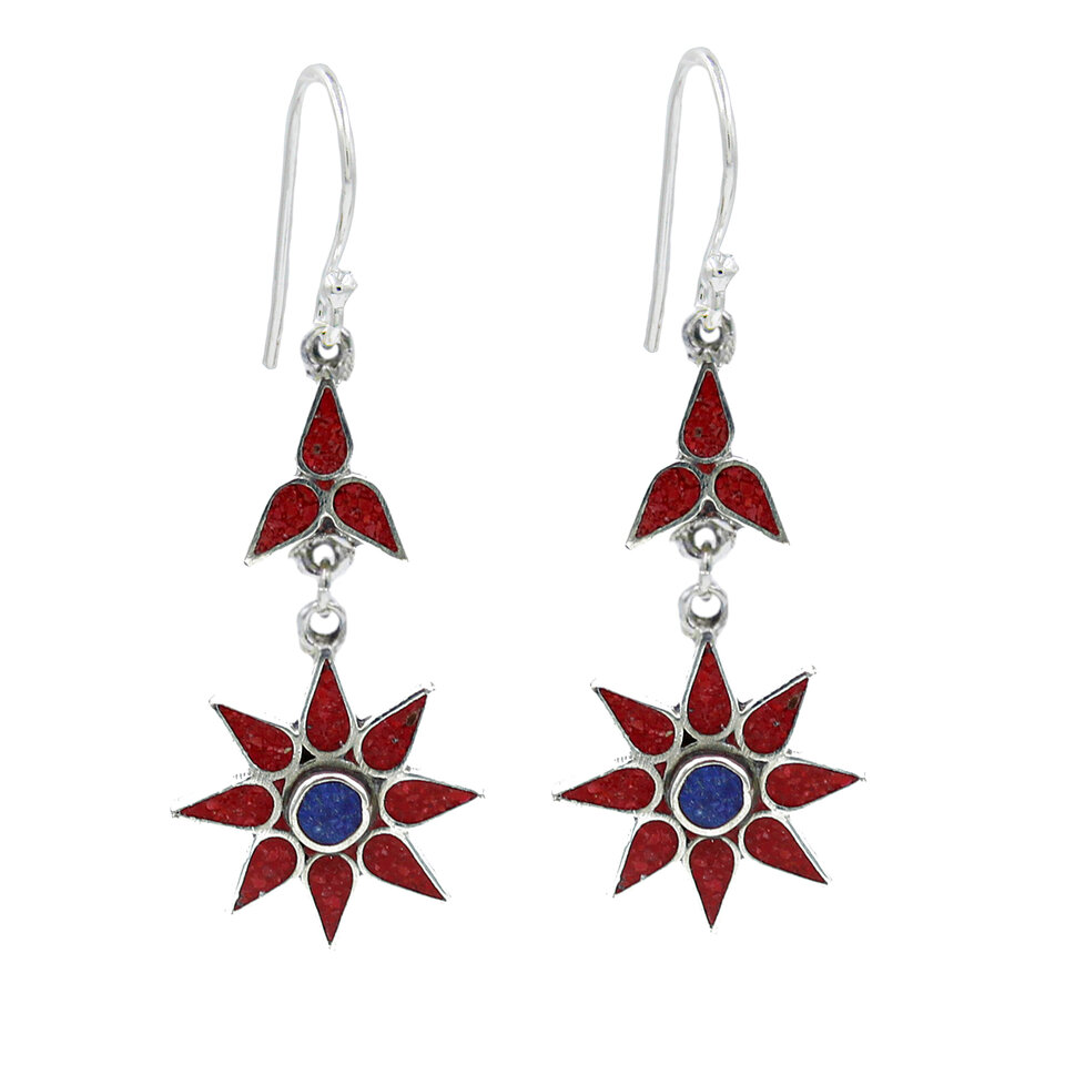 Red star-shaped dangle earrings with blue center and silver frame.