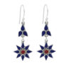 Blue star-shaped dangle earrings with red center and silver detailing.