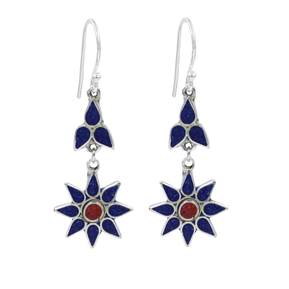 Blue star-shaped dangle earrings with red center and silver detailing.