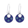 Round blue earrings with turquoise dot inlays and silver border.
