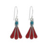 Red and turquoise drop earrings with silver frame.