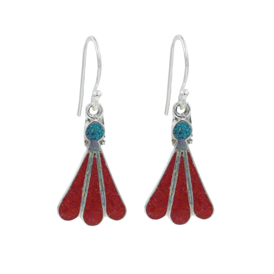 Red and turquoise drop earrings with silver frame.