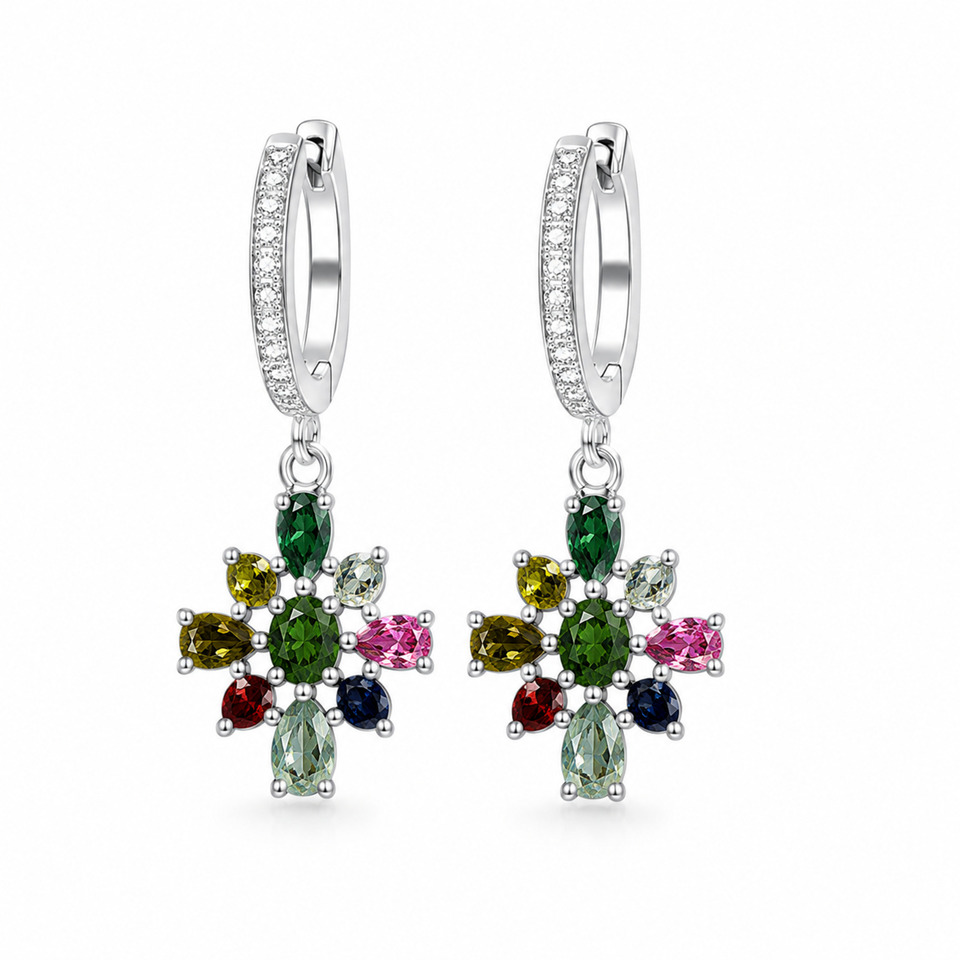 925 Sterling Silver Multi Tourmaline Gemstones Earrings for Women Floral Design Boho Statement Jewellery Gift Earrings