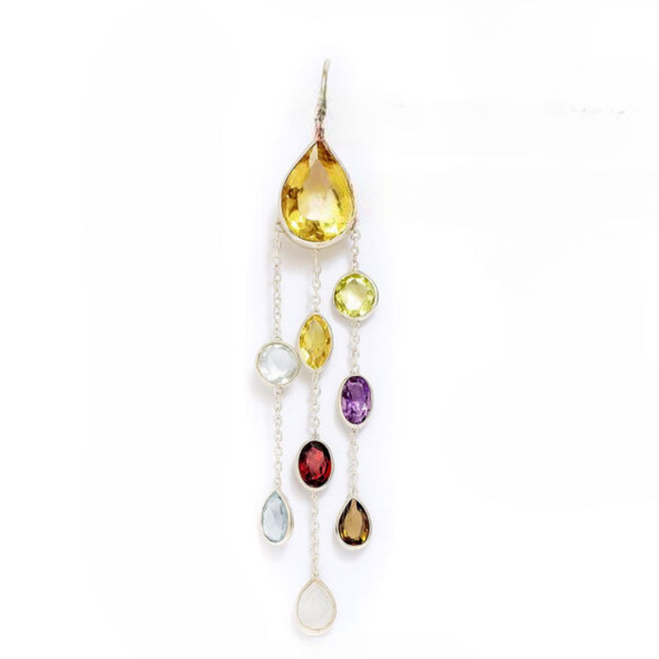 Silver dangle earrings with multicolor gemstones.