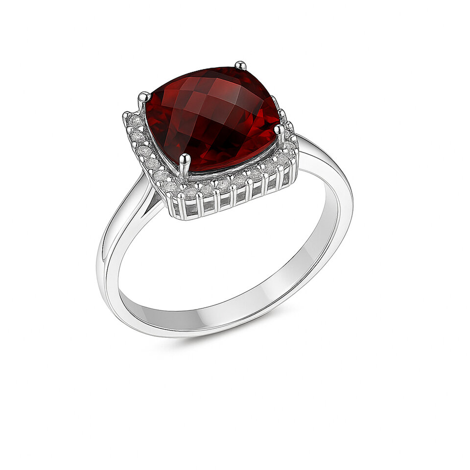 925 Sterling Silver Halo Ring with Garnet Elegant Statement