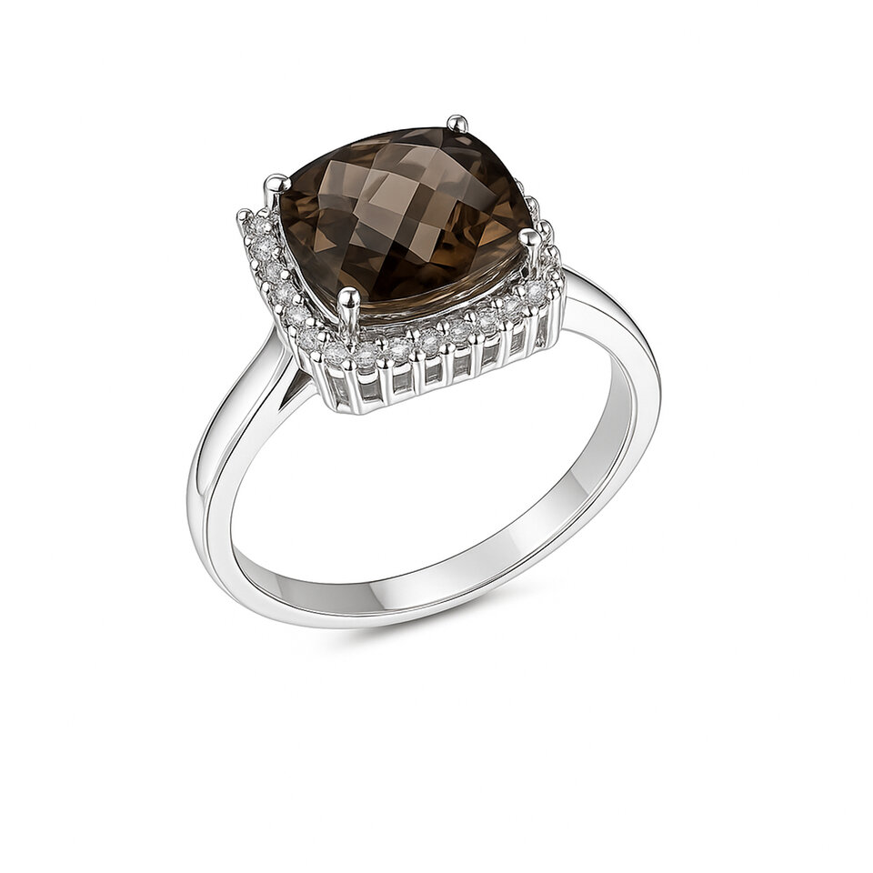 925 Sterling Silver Halo Ring with Smoky Topaz Elegant Statement