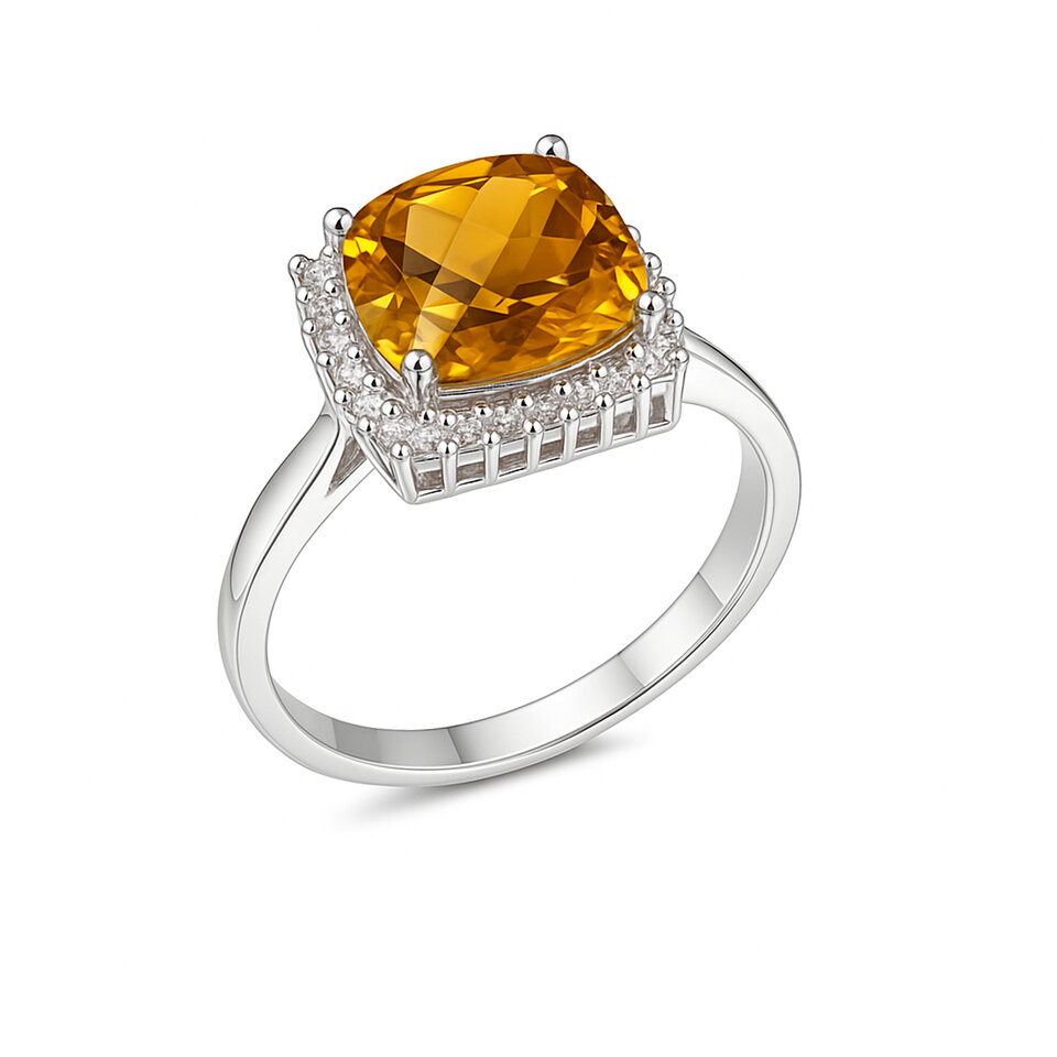 925 Sterling Silver Halo Ring with Citrine Elegant Statement