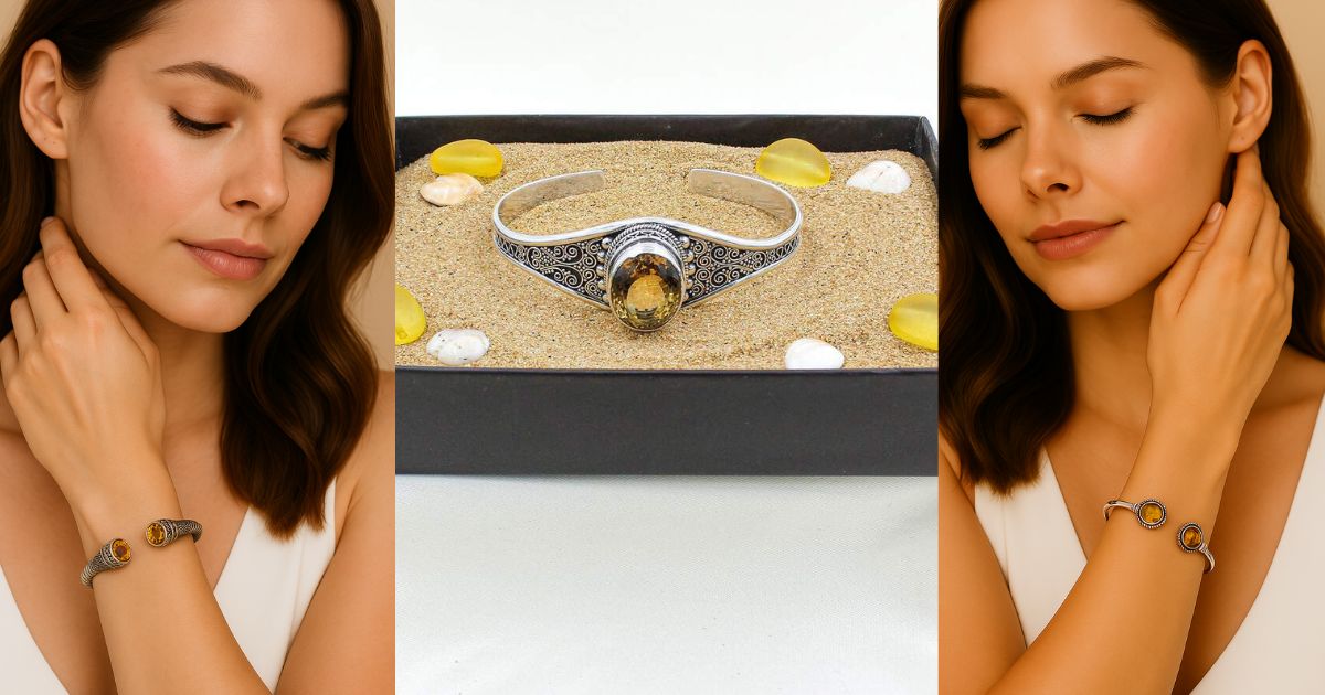 Model wearing a citrine cuff bracelet with a center close-up of the same citrine cuff design.