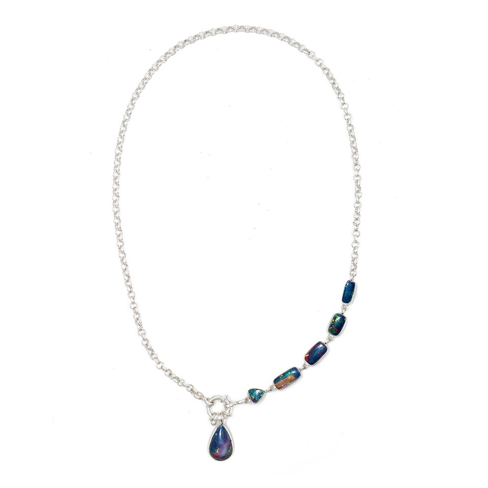 Black Opal 925 Sterling Silver Necklace Handmade Asymmetric Gemstone Jewelry