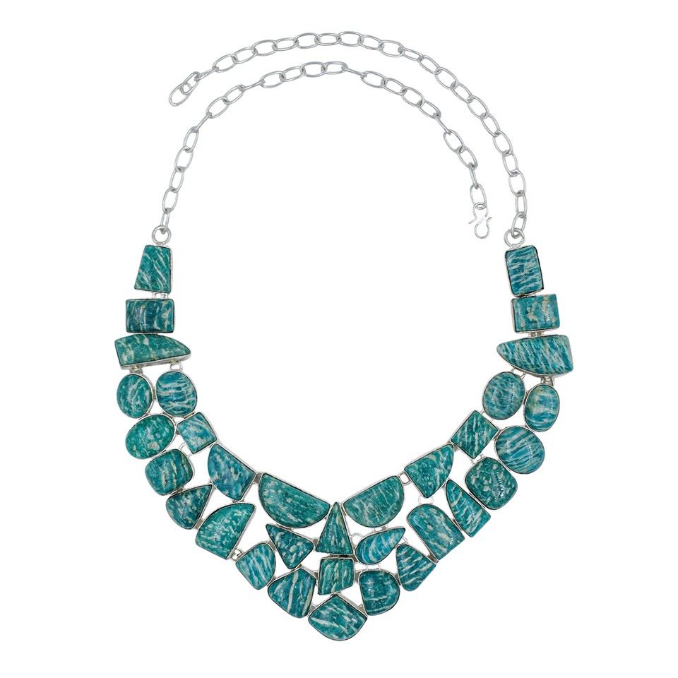 Handcrafted Amazonite Necklace for Women Silver Plated Brass Statement Jewelry