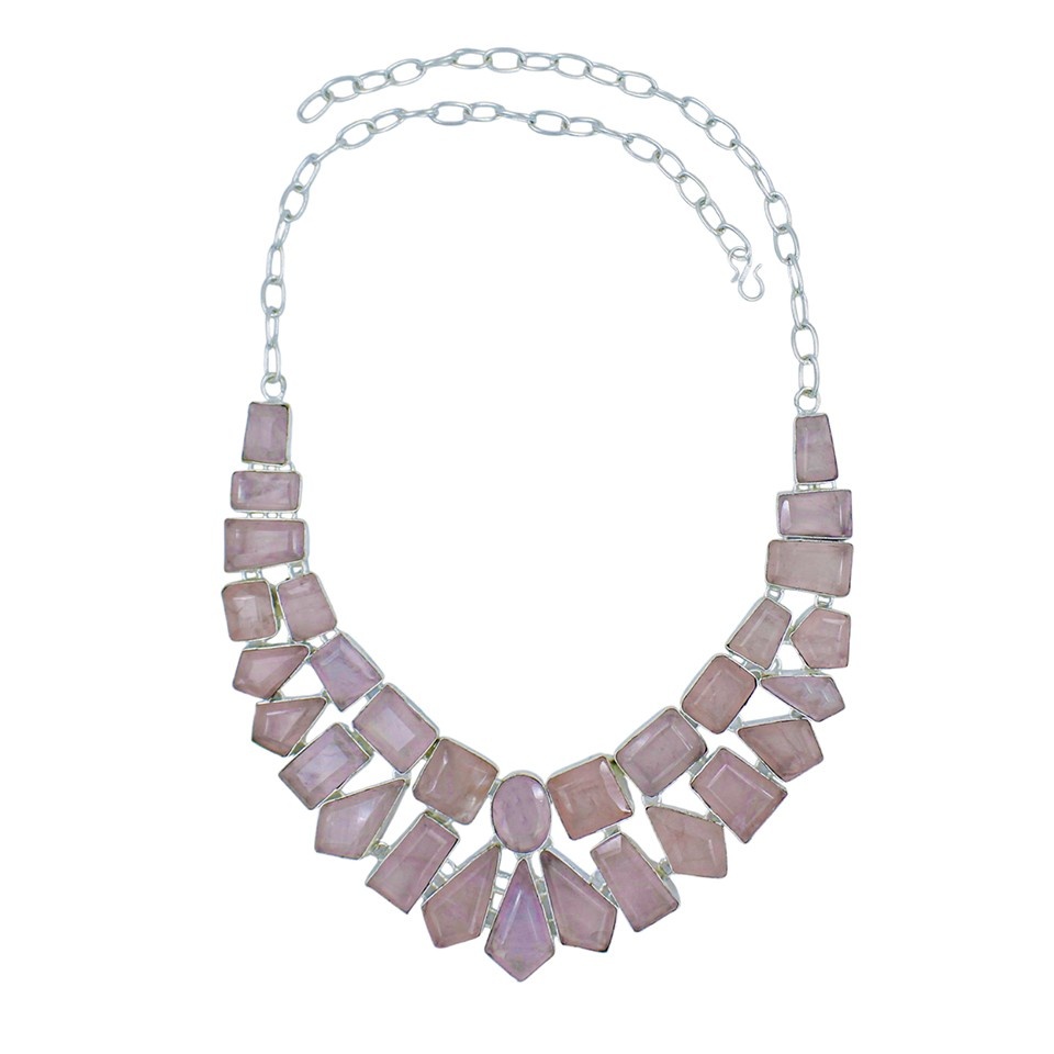 Handcrafted Rose Quartz Necklace for Women Silver Plated Brass Statement Jewelry