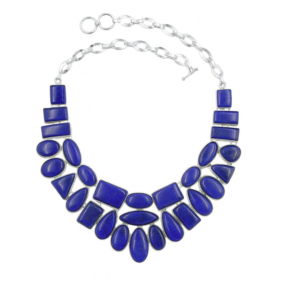Handcrafted Lapis Lazuli Necklace for Women  Silver Plated Brass Statement Jewelry