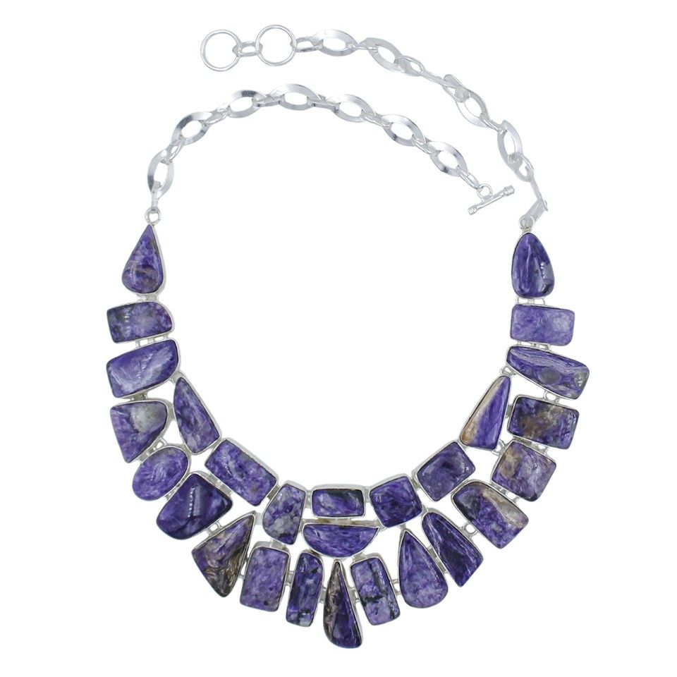 Handmade Charoite Gemstone Choker Necklace for Women Silver Plated Brass Statement Piece