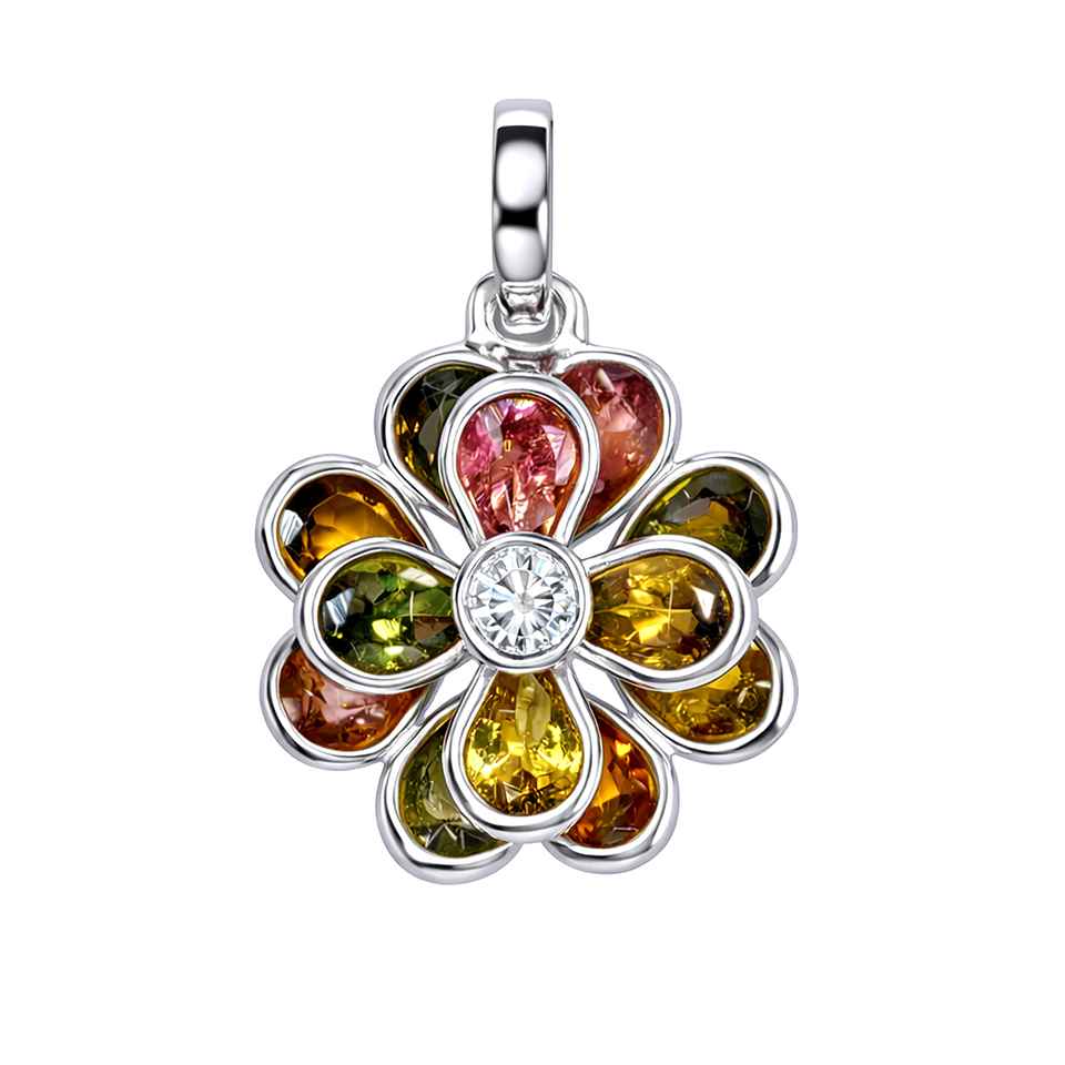 Colorful Multi Tourmaline Flower Pendant in 925 Sterling Silver with Moissanite Handmade Statement Jewelry