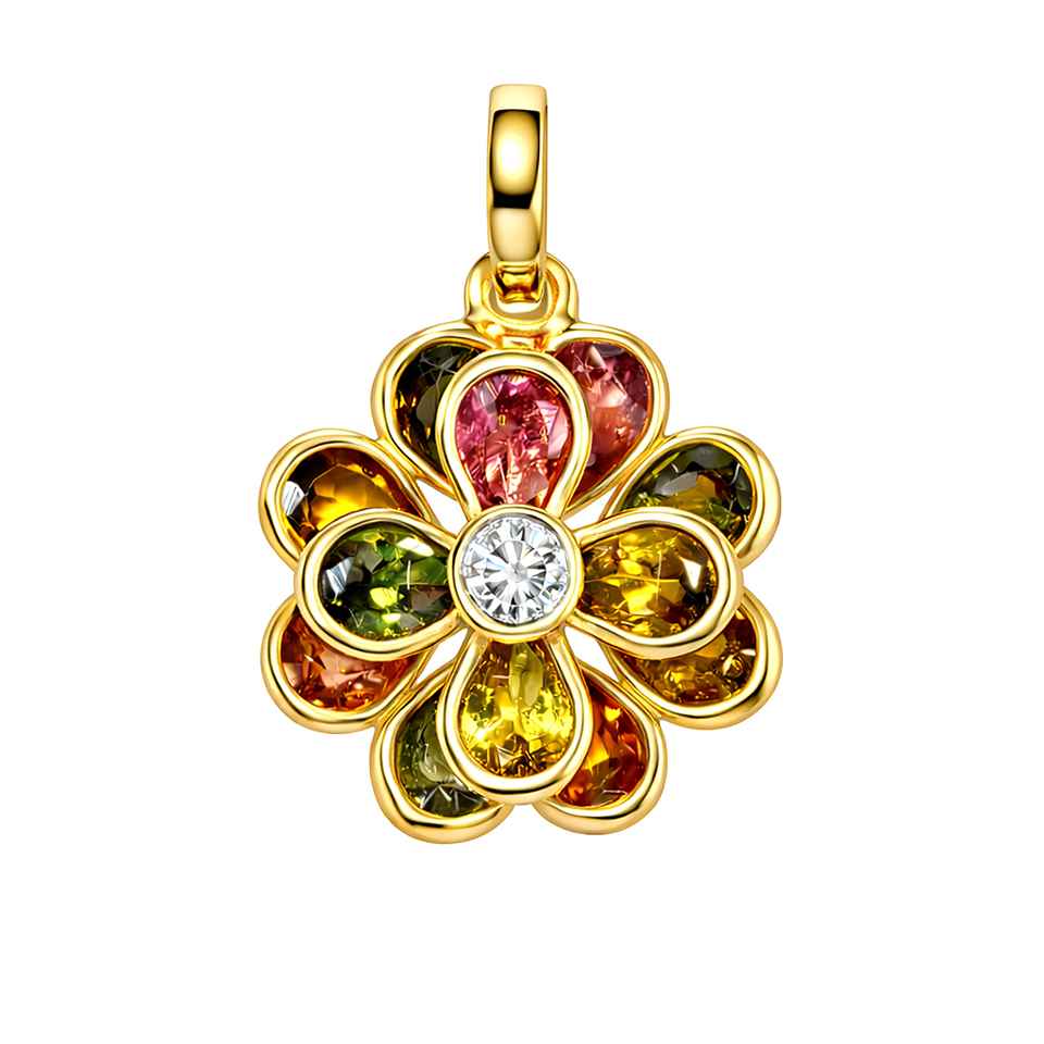 Colorful Multi Tourmaline Flower Pendant in 14K Gold Vermeil 925 Silver with Moissanite Statement Gemstone Jewelry