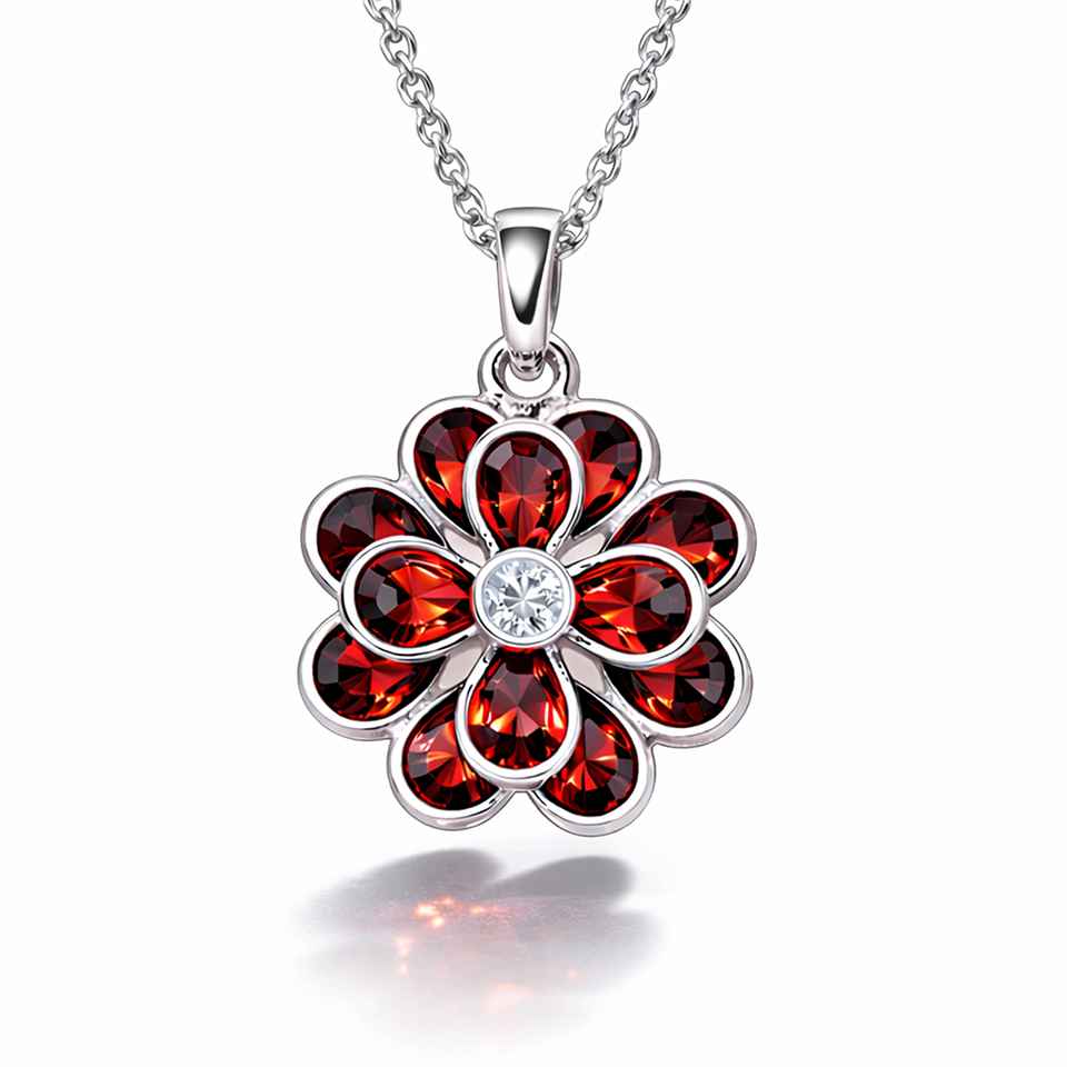 Handmade 925 Sterling Silver Garnet Flower Pendant with Moissanite Red Gemstone Floral Necklace Charm