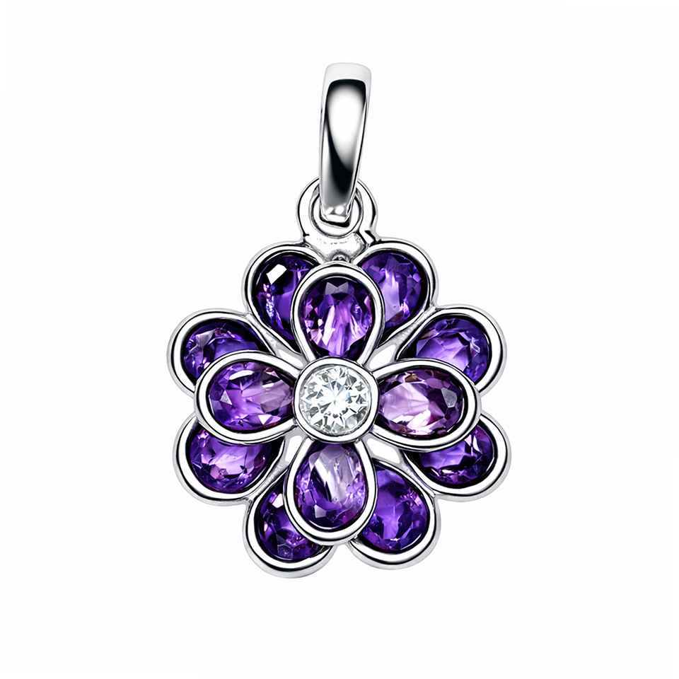 Handmade 925 Sterling Silver Amethyst Flower Pendant with Moissanite Purple Gemstone Floral Necklace Charm
