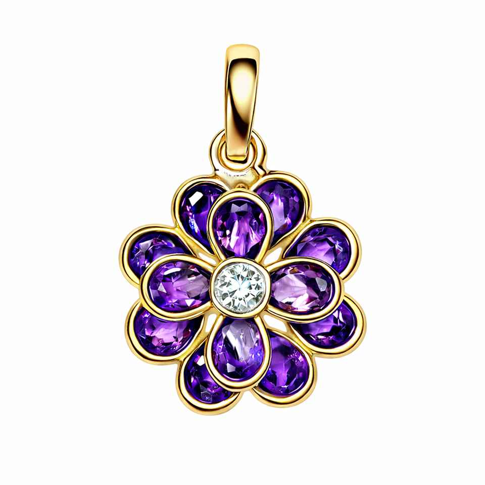 Handmade 14K Gold Vermeil 925 Sterling Silver Amethyst Flower Pendant with Moissanite Purple Gemstone Floral Necklace Charm