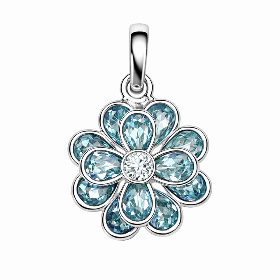 Sky Blue Topaz Flower Pendant in 925 Sterling Silver with Moissanite Handmade Statement Jewelry