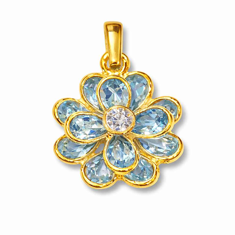 Sky Blue Topaz Flower Pendant in 14K Gold Vermeil 925 Silver with Moissanite Statement Gemstone Jewelry