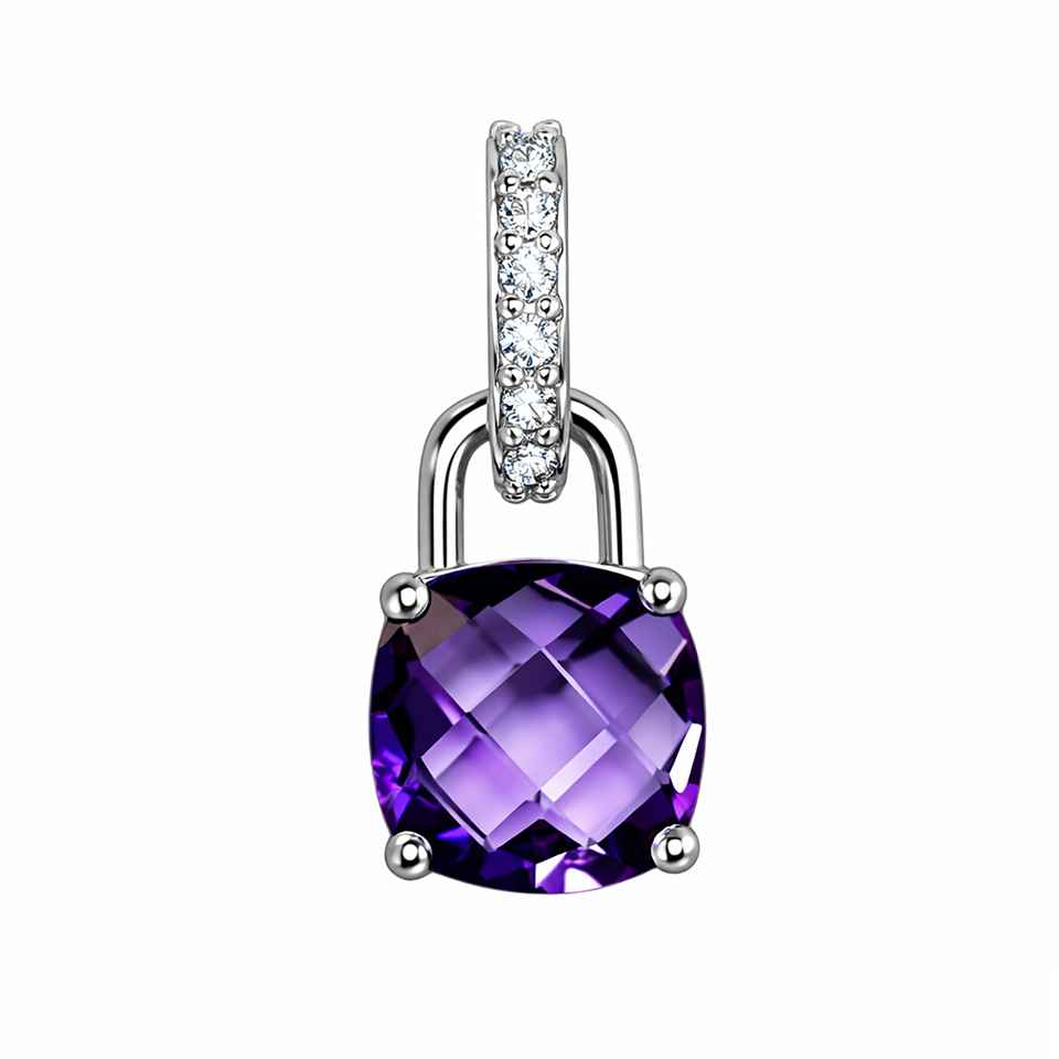 Purple Amethyst Lock Charm Pendant in 925 Sterling Silver with Cubic Zirconia Statement Jewelry