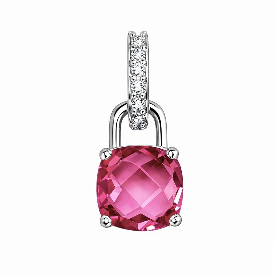 Pink Tourmaline Lock Charm Pendant in 925 Sterling Silver with Cubic Zirconia Statement Jewelry