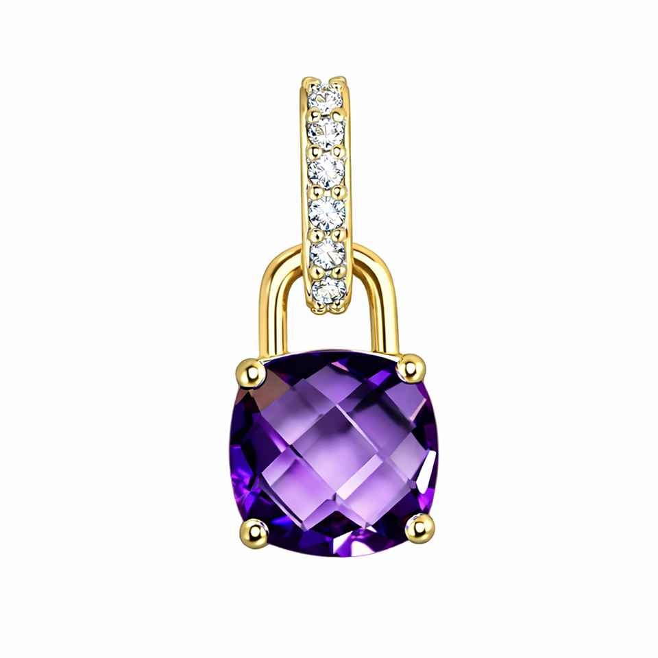 Purple Amethyst Lock Charm Pendant in 14K Gold Vermeil 925 Silver with Cubic Zirconia Statement Jewelry