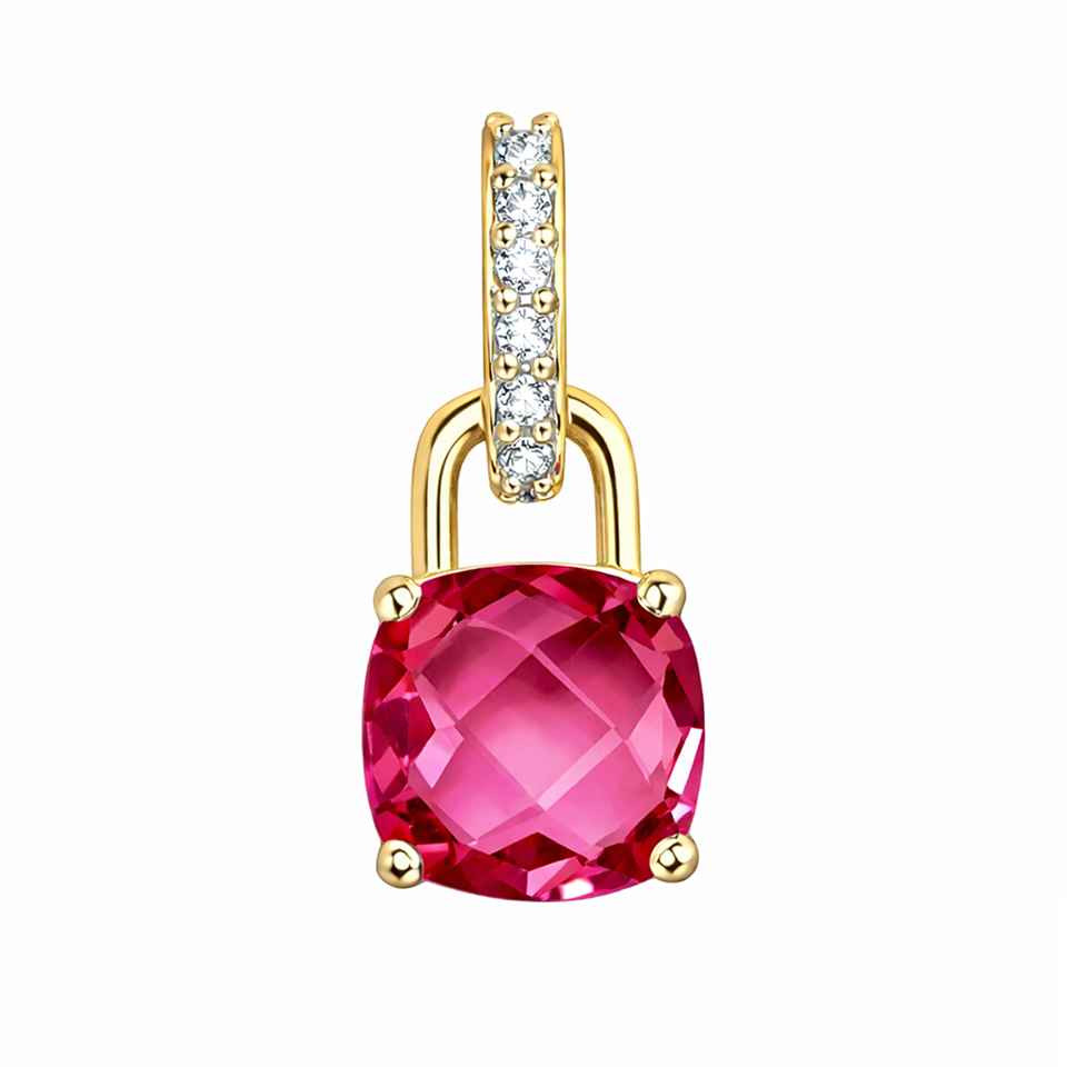 Pink Tourmaline Lock Charm Pendant in 14K Gold Vermeil 925 Silver with Cubic Zirconia Statement Jewelry