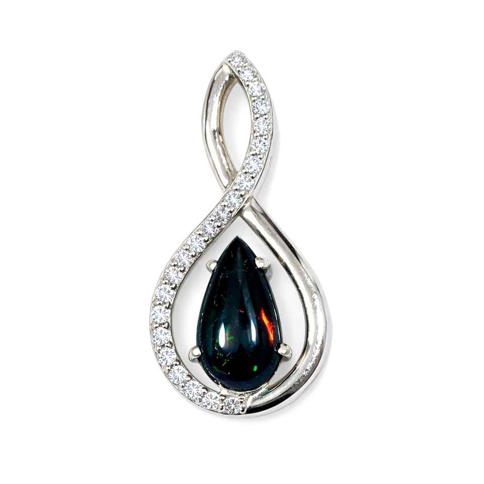925 Sterling Silver Black Opal Pendant with Cubic Zirconia Teardrop Fire Opal Gemstone Necklace Charm