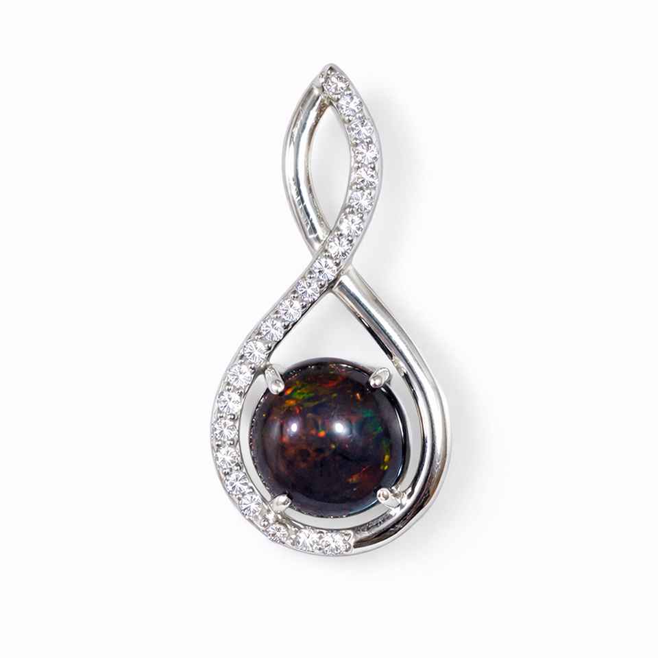 925 Sterling Silver Black Opal Pendant with Cubic Zirconia Infinity Teardrop Design Fire Opal Gemstone Necklace