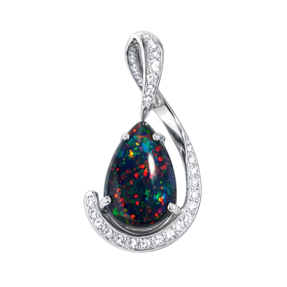 Black Opal Teardrop Pendant 925 Sterling Silver with Cubic Zirconia Curved Halo Gemstone Charm