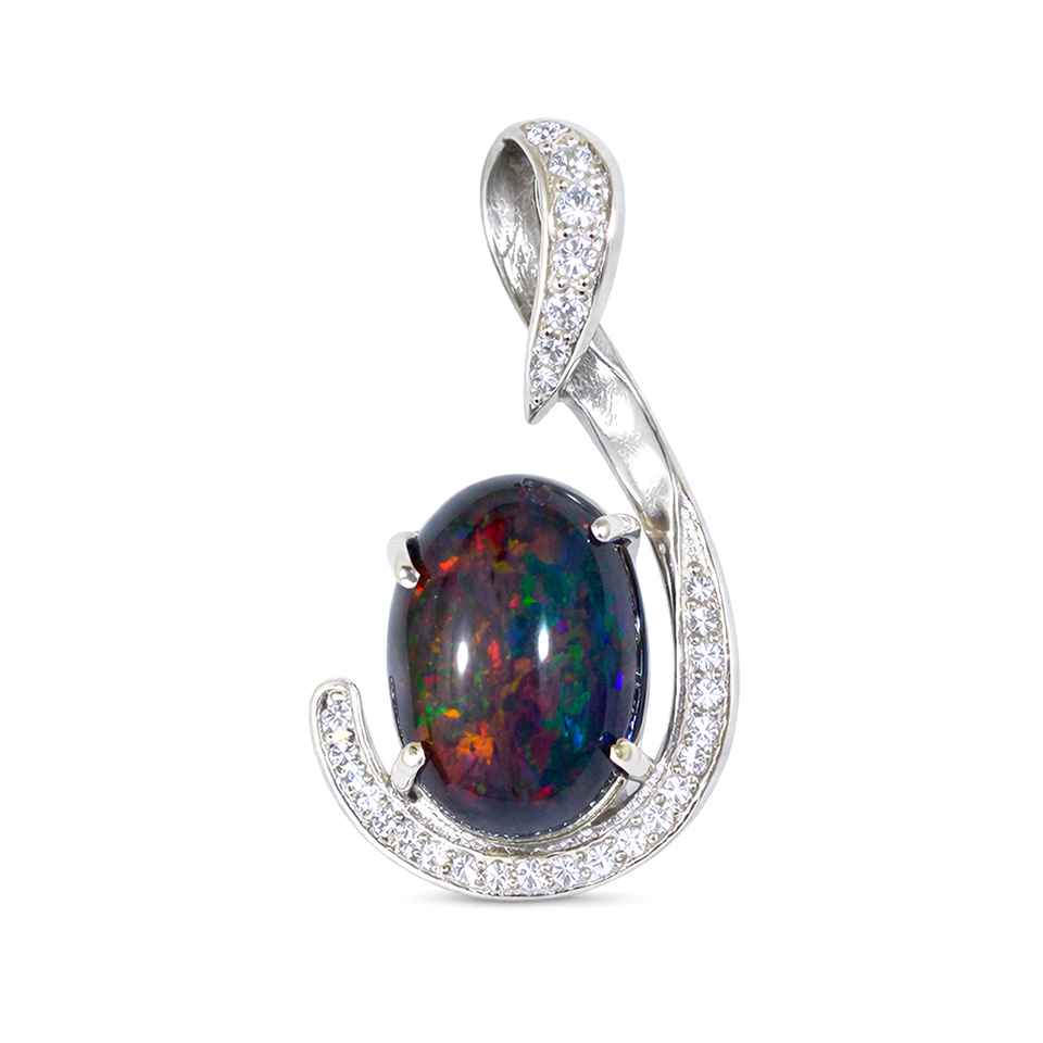 Black Opal Statement Pendant 925 Silver with Cubic Zirconia Flowing Curve Design