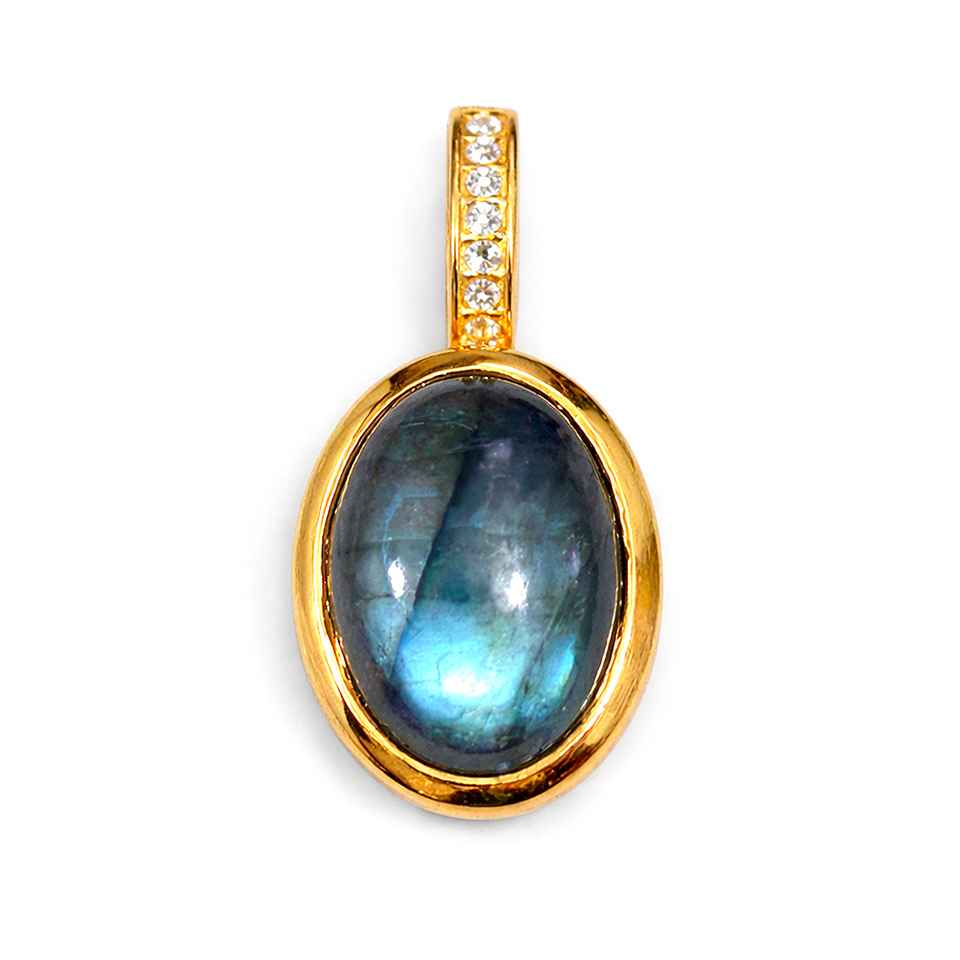Blue Flash Labradorite Gemstone Pendant in 14K Gold Plated Silver with Cubic Zirconia Accent
