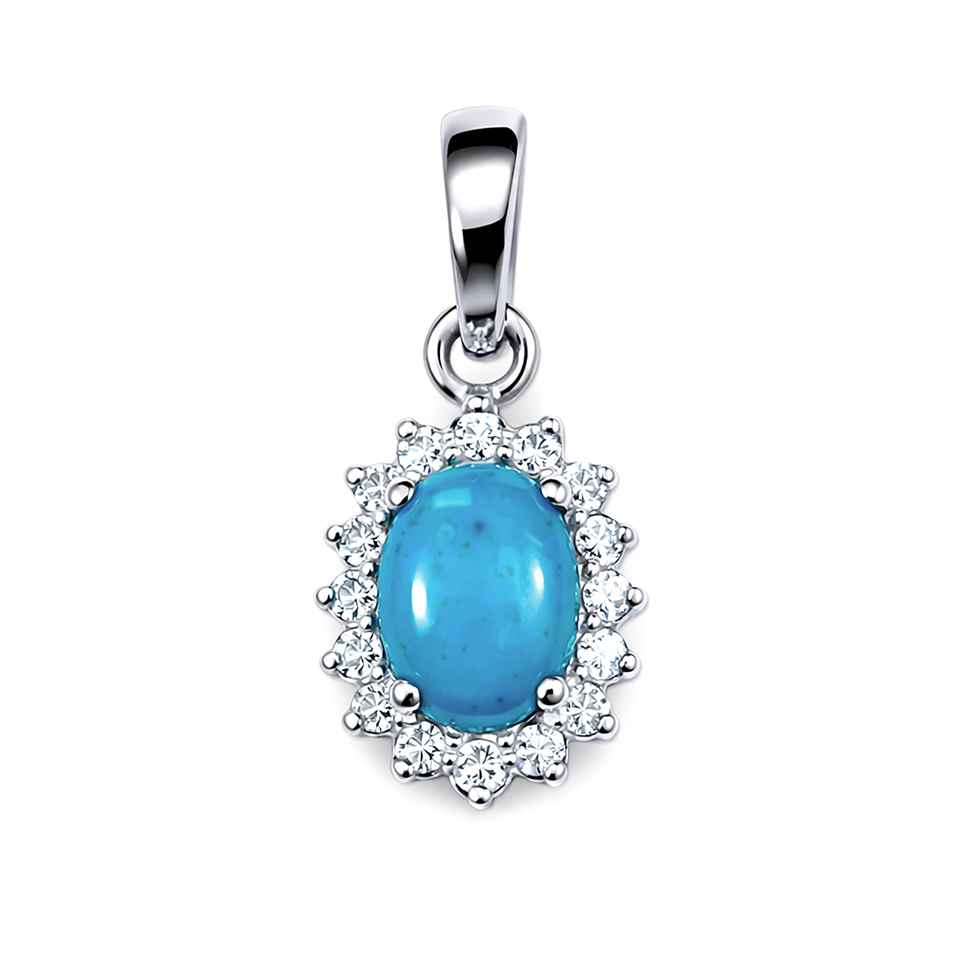 925 Sterling Silver Arizona Turquoise Pendant with Cubic Zirconia Halo Oval Charm Necklace